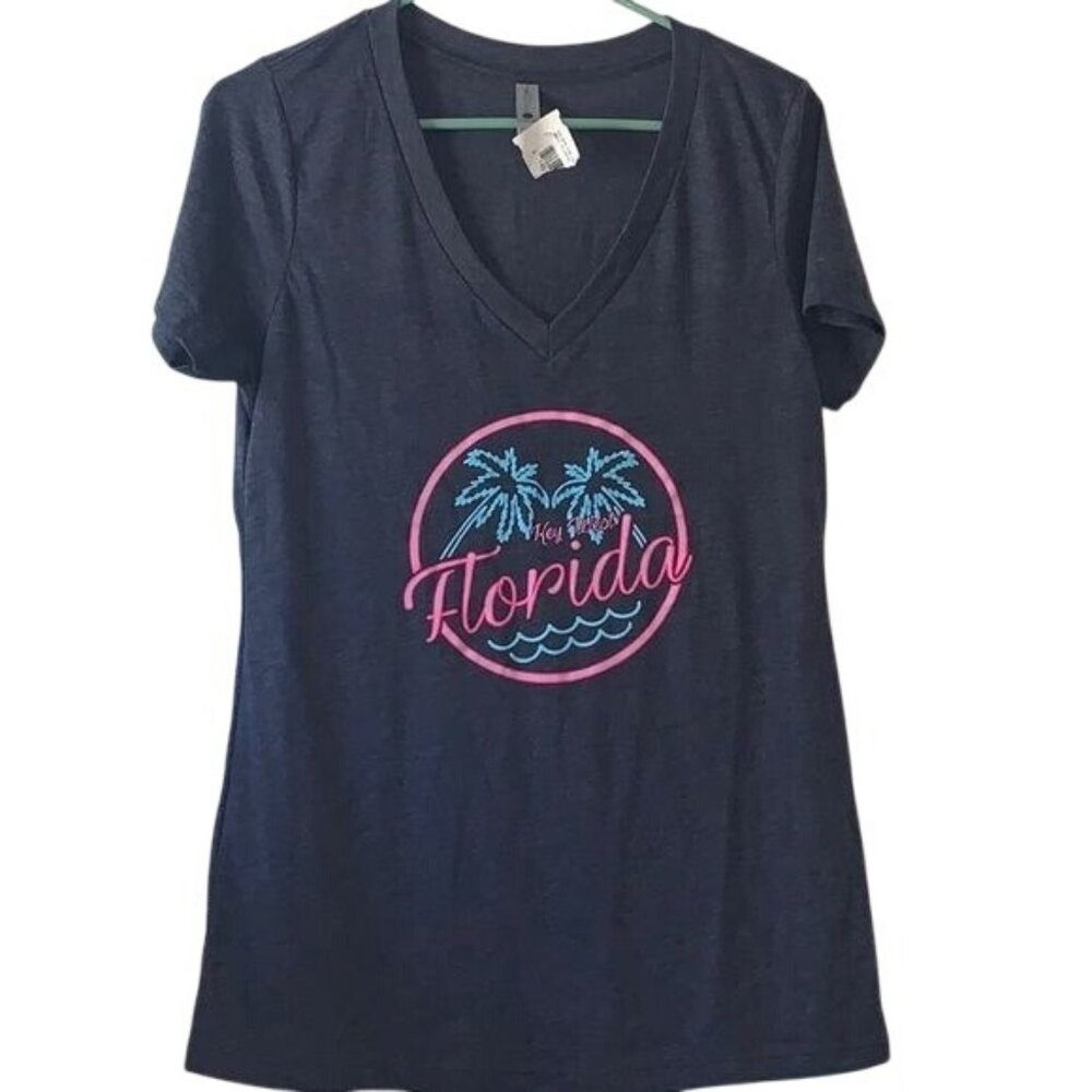 Key West Florida Graphic V-Neck T-Shirt Navy Blue Next Level Womens XL Cotton/Po